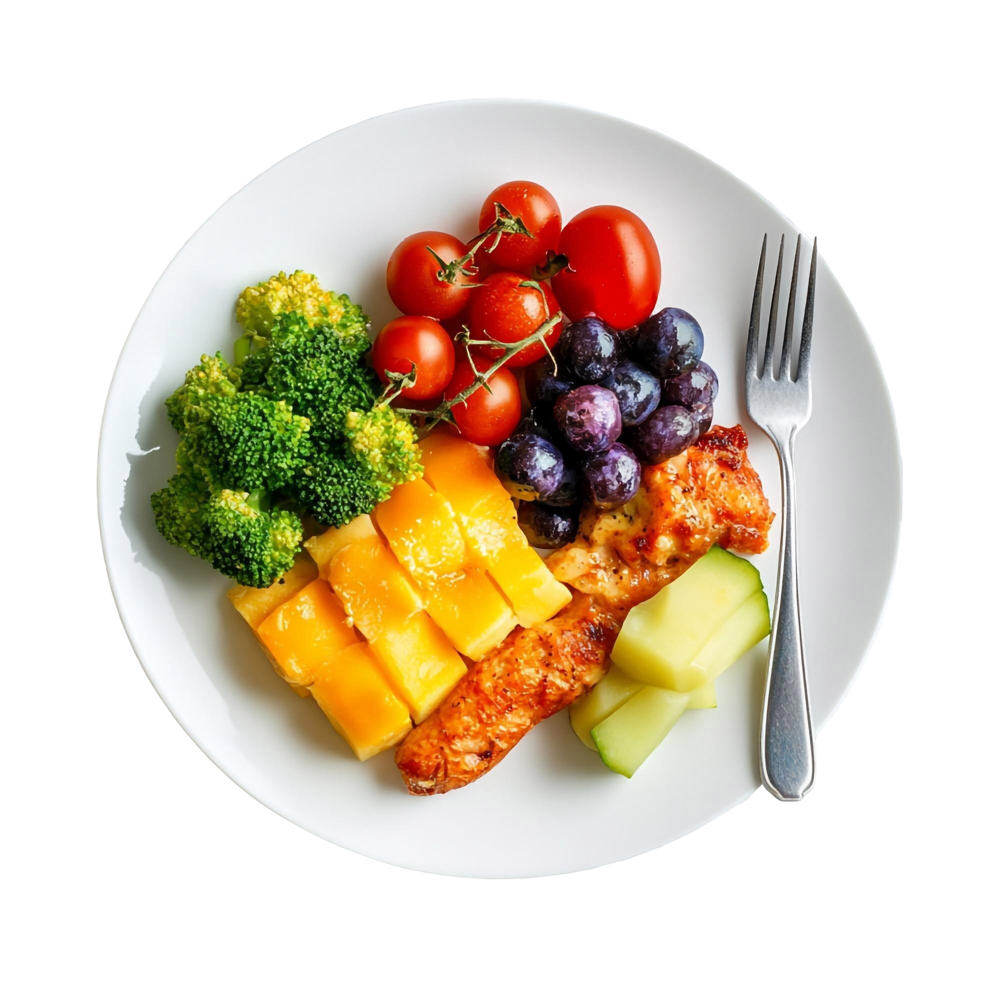A plate of grilled chicken, broccoli, tomatoes, grapes, mango and melon