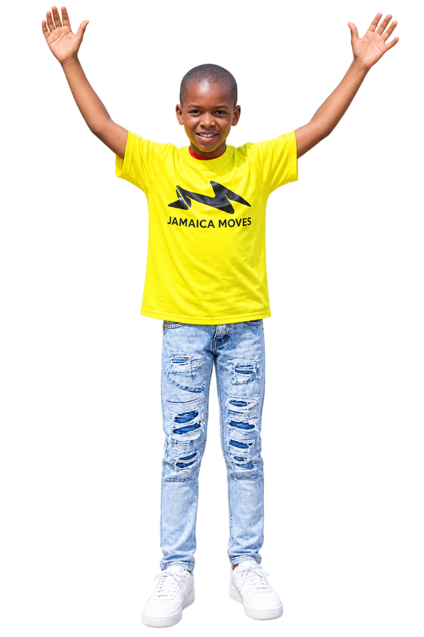 A boy in a Jamaica Moves t-shirt with arms raised