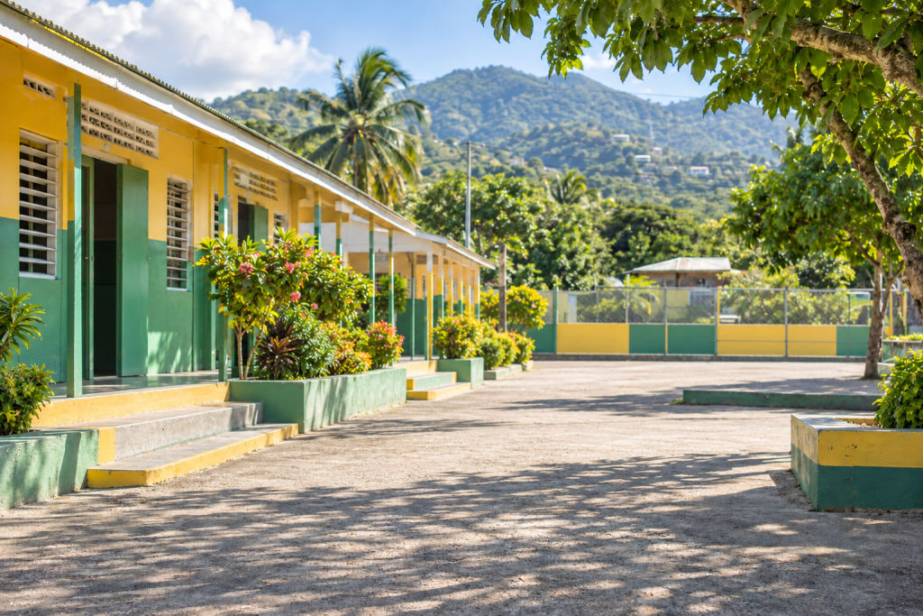 A school courtyard with green and yellow buildings and hills in the background