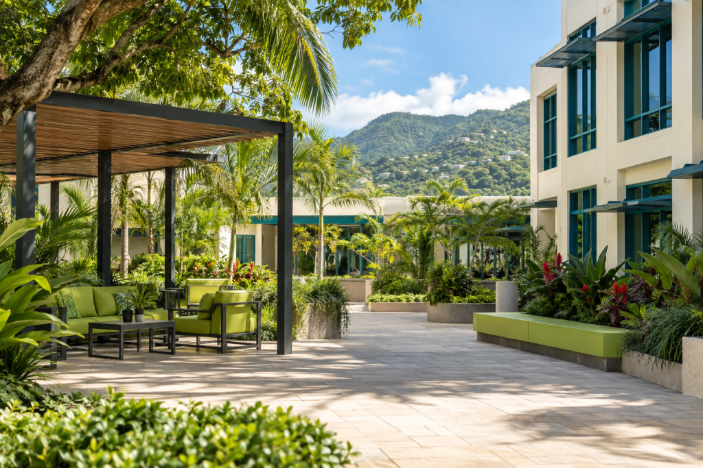 Illustrative workplace courtyard with tropical greenery and teal and lime accents